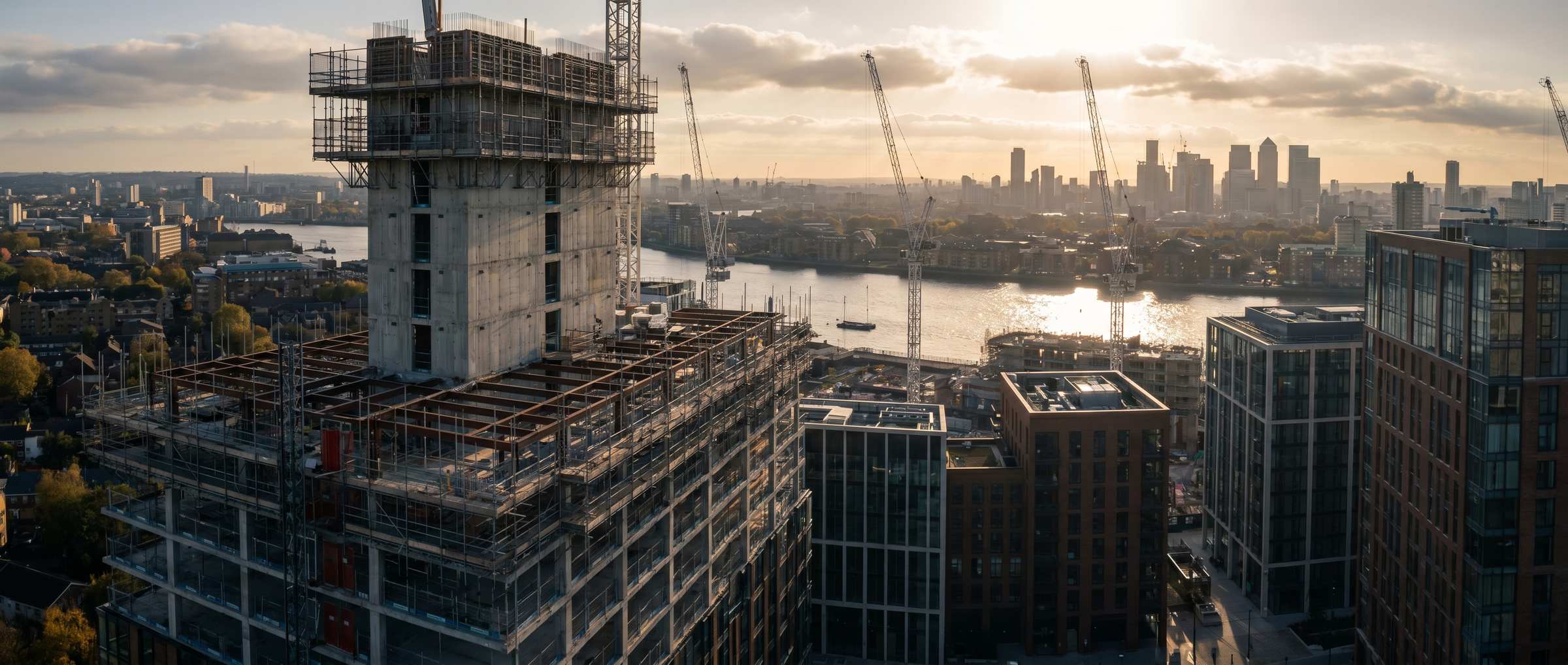 Aerial view of a partially constructed Central London residential tower at golden hour with cranes and the South Bank skyline in the distance