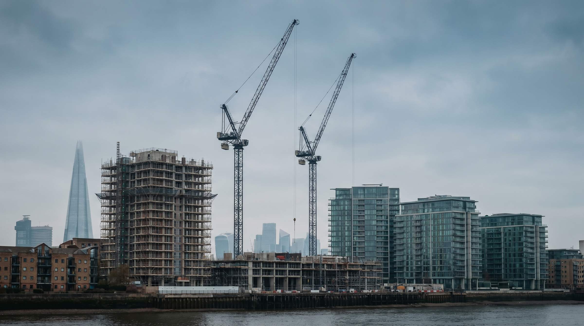 Wide aerial view of a Thames-side London construction zone with tower cranes and residential developments in progress